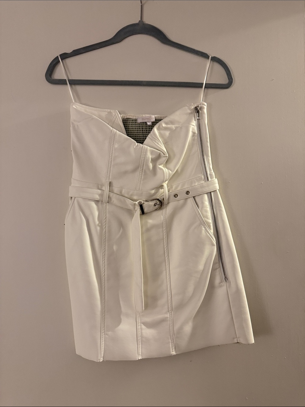 OLIVACEOUS Cream Faux Leather Mini Dress